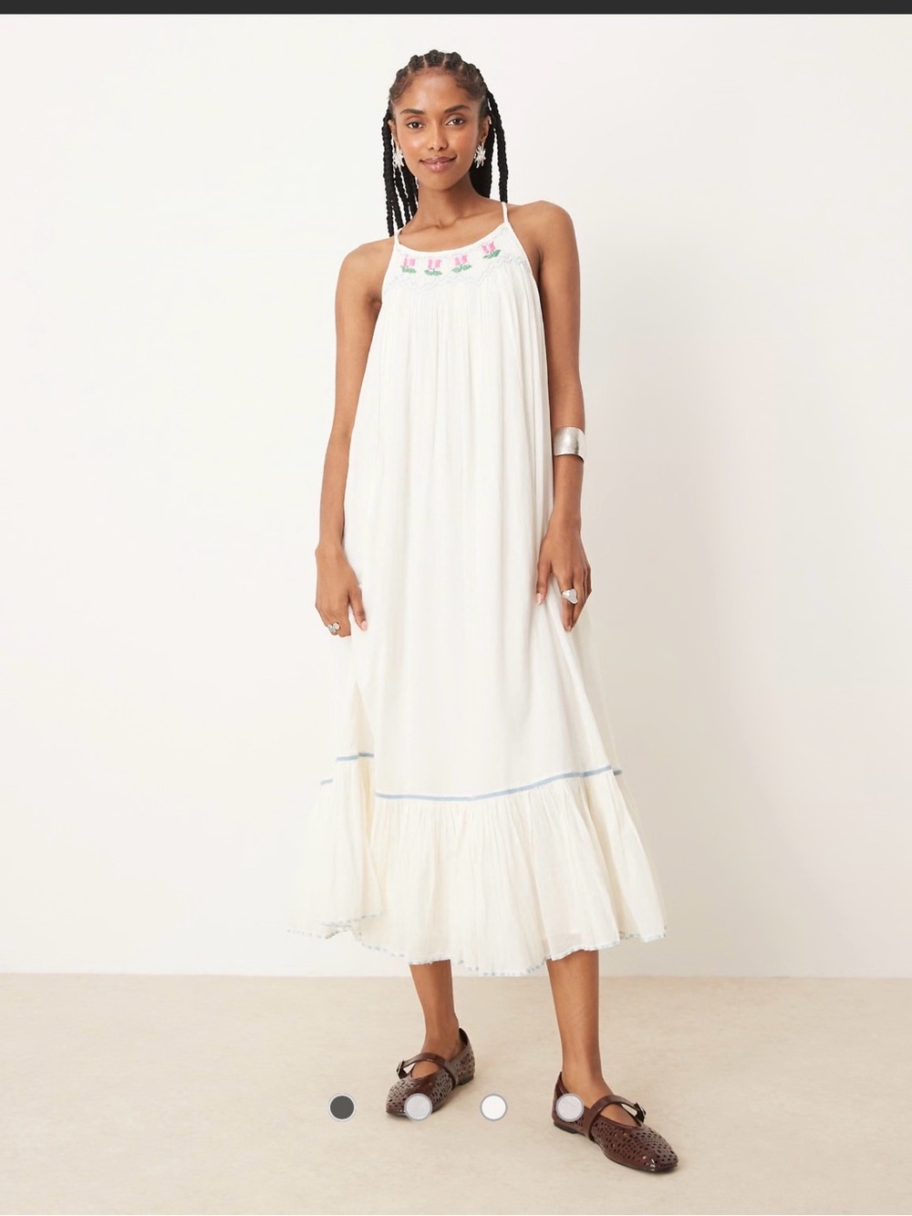 Free People Midi Dress with Pink & Green Embroidery